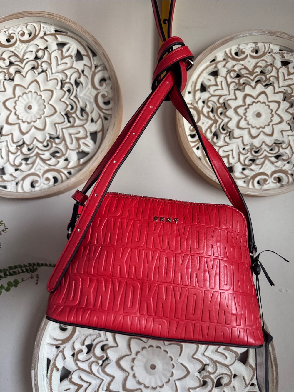 DKNY Red Embossed Logo Leather Crossbody